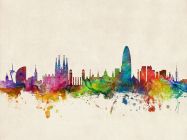 Small Barcelona Spain Watercolour Skyline (Rolled Canvas - No Frame)