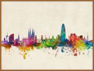 Large Barcelona Spain Watercolour Skyline (Pinboard & wood frame - Teak)