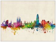 Large Barcelona Spain Watercolour Skyline (Pinboard & wood frame - White)