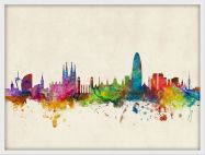 Medium Barcelona Spain Watercolour Skyline (Pinboard & wood frame - White)