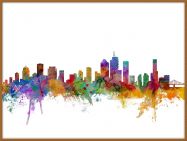 Large Brisbane Australia Watercolour Skyline (Pinboard & wood frame - Teak)