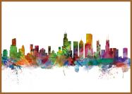 Large Chicago Illinois Watercolour Skyline (Wood Frame - Teak)