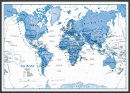 Large Children's Art Map of the World Blue (Wood Frame - Black)