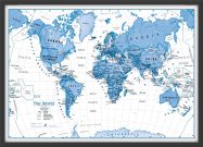 Medium Children's Art Map of the World Blue (Wood Frame - Black)