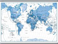 Medium Children's Art Map of the World Blue (Rolled Canvas with Hanging Bars)