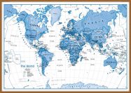 Large Children's Art Map of the World Blue (Pinboard & wood frame - Teak)