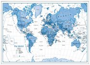 Large Children's Art Map of the World Blue (Pinboard & wood frame - White)