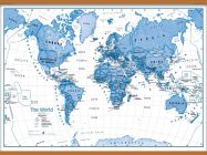 Huge Children's Art Map of the World Blue (Rolled Canvas with Wooden Hanging Bars)