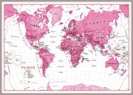 Large Children's Art Map of the World Pink (Pinboard & framed - Silver)