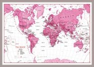 Medium Children's Art Map of the World Pink (Pinboard & framed - Silver)