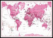 Large Children's Art Map of the World Pink (Pinboard & framed - Black)