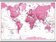 Medium Children's Art Map of the World Pink (Rolled Canvas with Hanging Bars)