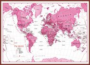 Large Children's Art Map of the World Pink (Pinboard & framed - Dark Oak)