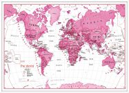 Large Children's Art Map of the World Pink (Pinboard & wood frame - White)