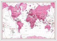 Medium Children's Art Map of the World Pink (Pinboard & wood frame - White)