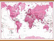 Large Children's Art Map of the World Pink (Rolled Canvas with Wooden Hanging Bars)
