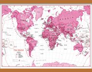 Medium Children's Art Map of the World Pink (Rolled Canvas with Wooden Hanging Bars)