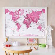 Medium Children's Art Map of the World Pink (Wood Frame - White)