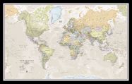 Small classic world wall map on pin board in a black frame