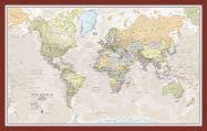 Small classic world wall map on pin board in an oak frame