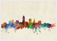 Medium Cleveland Ohio Watercolour Skyline (Wood Frame - White)