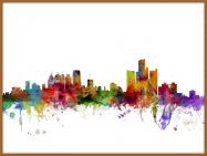 Large Detroit Watercolour Skyline (Pinboard & wood frame - Teak)