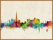 Large Dubai Watercolour Skyline (Pinboard & wood frame - Teak)