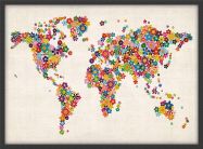 Small Flower Map of the World (Wood Frame - Black)