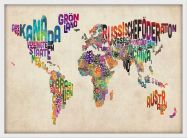 Small German Text Art Map of the World (Pinboard & wood frame - White)