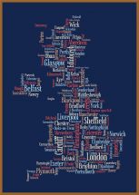 Large Great Britain UK City Text Art Map - Blue (Pinboard & wood frame - Teak)