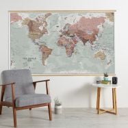 Huge Executive World Wall Map Political (Wooden hanging bars)