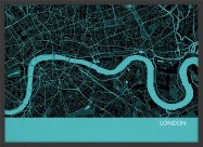 Small London City Street Map Print Turquoise (Wood Frame - Black)