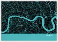Small London City Street Map Print Turquoise (Wood Frame - White)