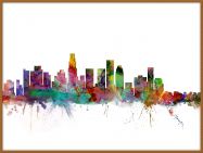 Large Los Angeles City Watercolour Skyline (Wood Frame - Teak)