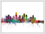 Small Los Angeles City Watercolour Skyline (Wood Frame - White)