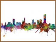 Large Melbourne Australia Watercolour Skyline (Wood Frame - Teak)