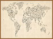 Large Music Notes World Map of the World (Pinboard & wood frame - Teak)