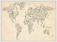 Large Music Notes World Map of the World (Pinboard & wood frame - White)