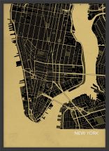 A4 New York City Street Map Print Straw (Wood Frame - Black)