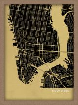 A3 New York City Street Map Print Straw (Wood Frame - Oak Style)