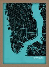 A3 New York City Street Map Print Turquoise (Wood Frame - Oak Style)