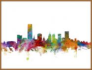 Large Oklahoma City Watercolour Skyline (Pinboard & wood frame - Teak)