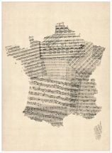 Large Old Sheet Music Map of France (Pinboard & wood frame - White)