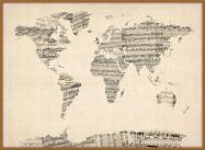Large Old Sheet Music Map of the World (Pinboard & wood frame - Teak)