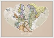 Personalised Location Map Hearts Print (Wood Frame - White)