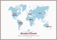 Huge Personalised Travel Map of the World - Aqua (Pinboard & framed - Silver)