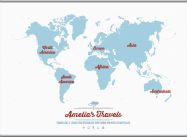 Large Personalised Travel Map of the World - Aqua (Rolled Canvas with Hanging Bars)