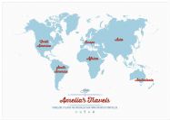 Large Personalised Travel Map of the World - Aqua (Pinboard & wood frame - White)