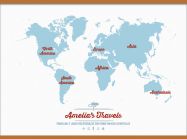 Huge Personalised Travel Map of the World - Aqua (Rolled Canvas with Wooden Hanging Bars)
