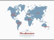 Huge Personalised Travel Map of the World - Denim (Rolled Canvas with Hanging Bars)